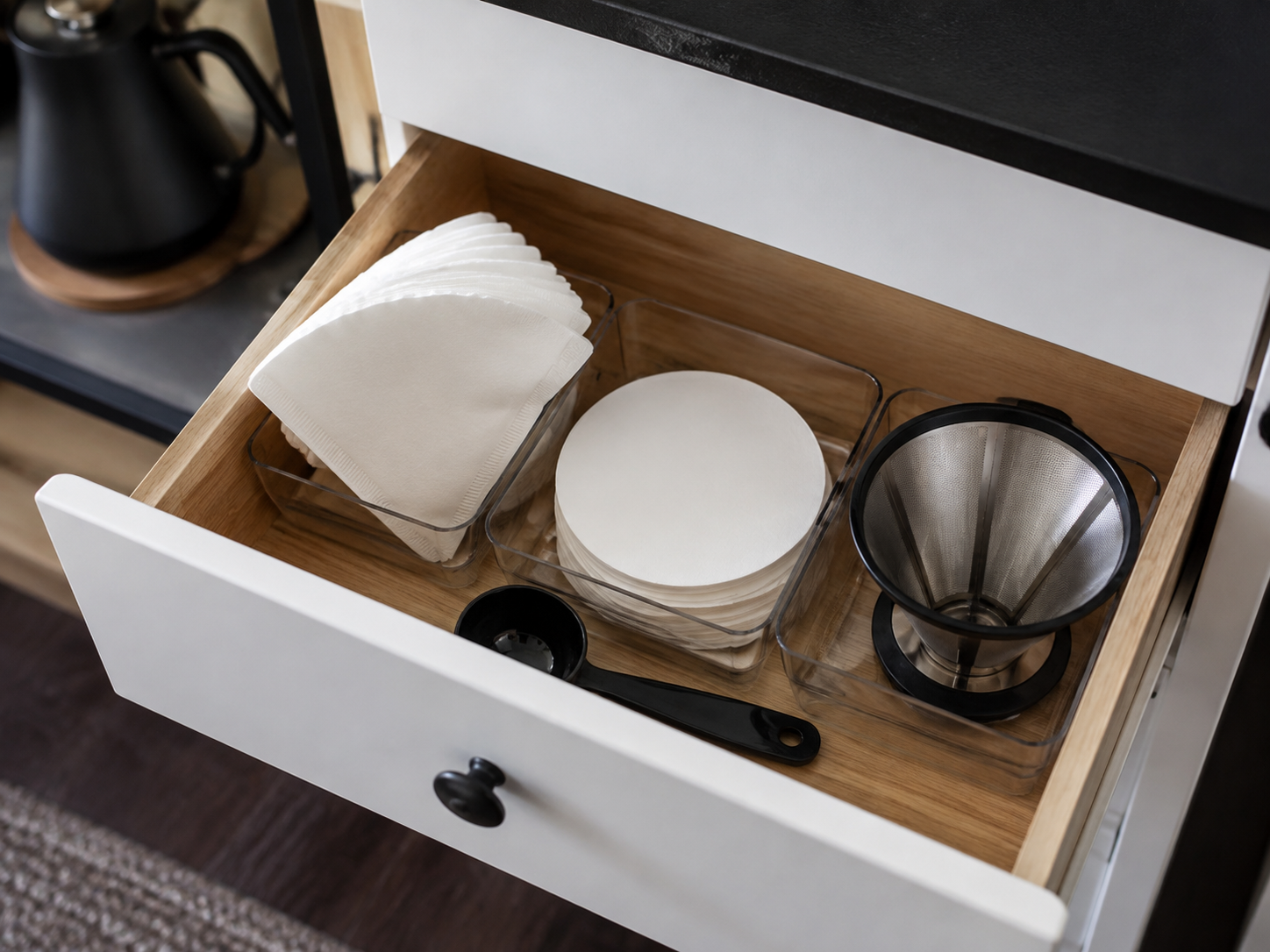 Cone, flat-bottom, and reusable coffee filters organized in a kitchen drawer.