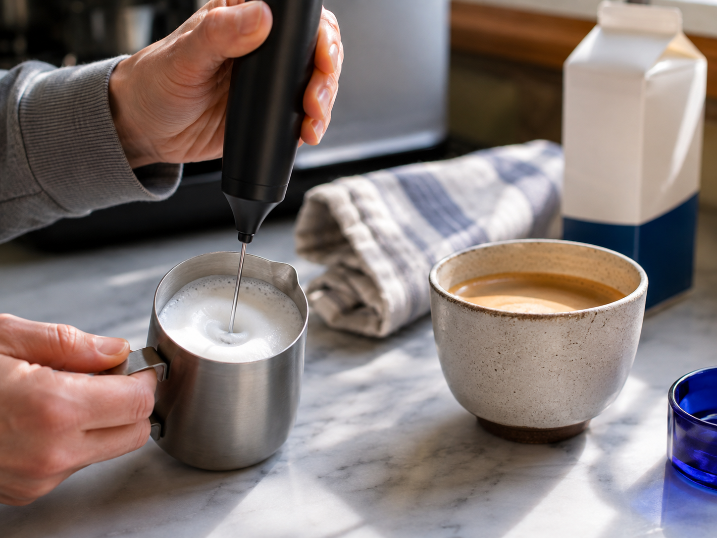 A handheld frother making milk foam in a small pitcher beside a coffee cup.