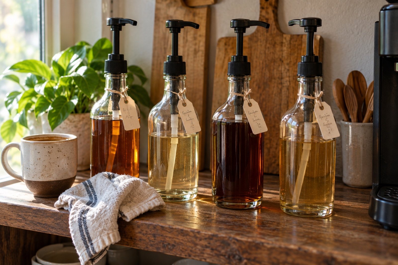 Four plain pump bottles of coffee syrup beside a mug and cleaning cloth on a home coffee counter.