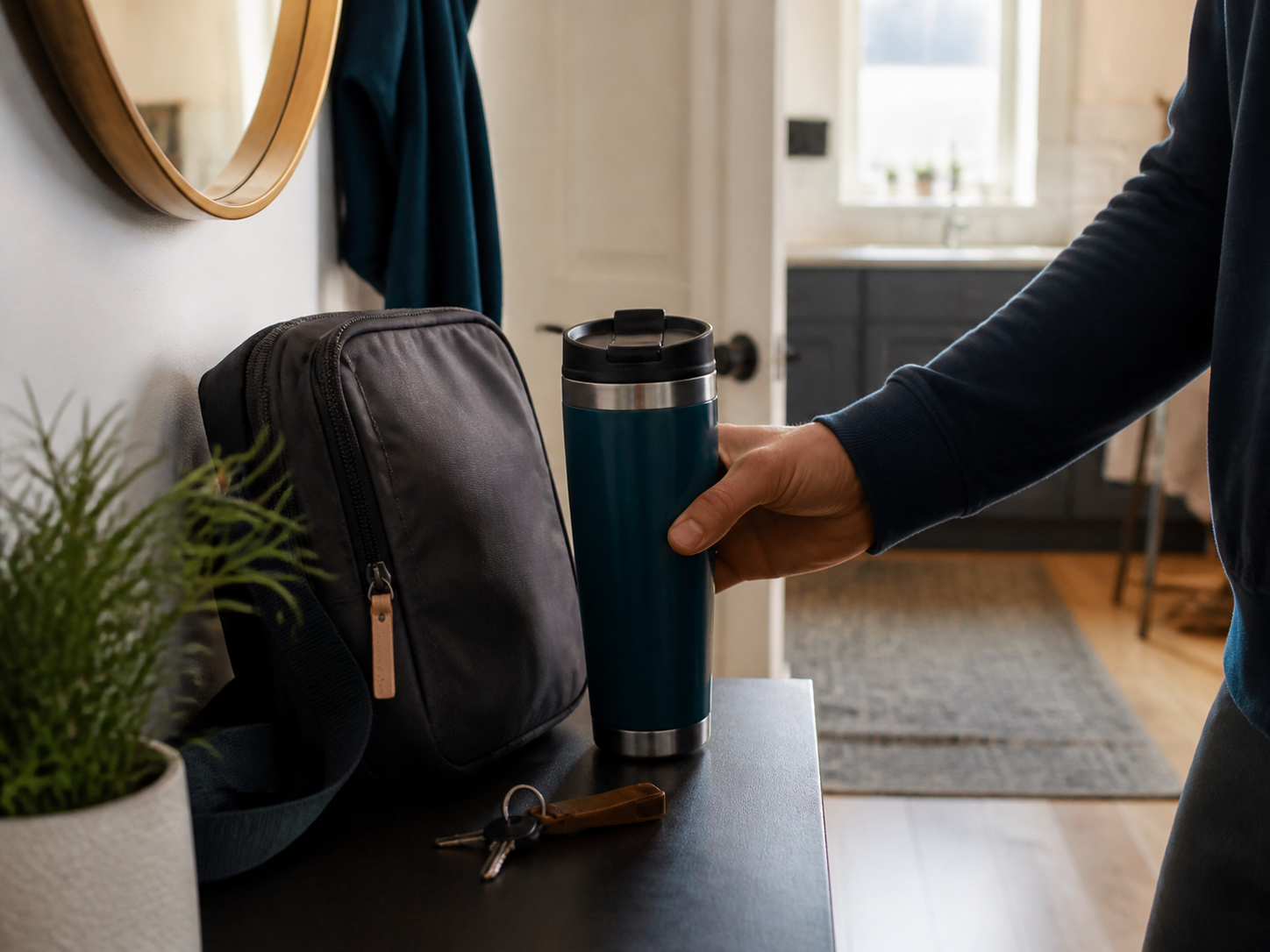 A stainless travel mug beside keys and a commuter bag in a home entryway.